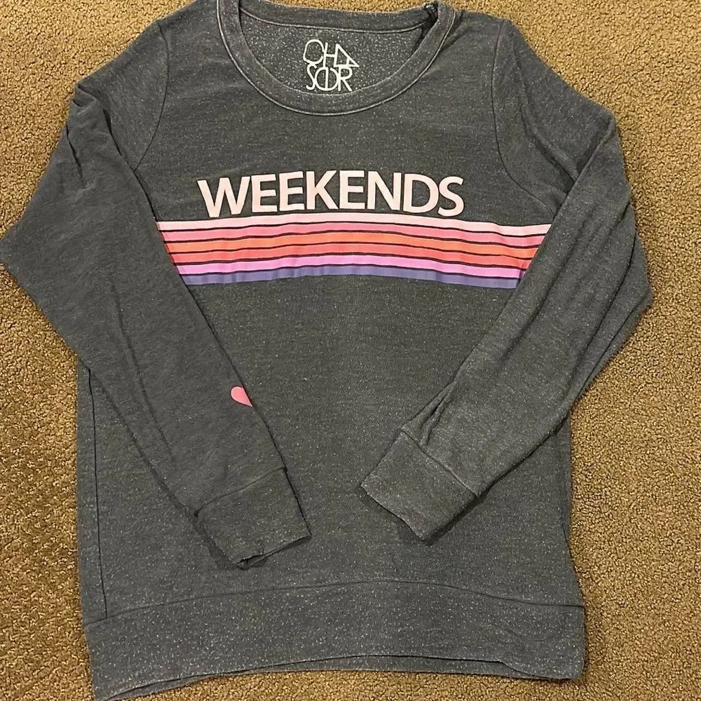 Chaser Women’s ‘Weekends’ Pink Striped Grey Sweatshirt